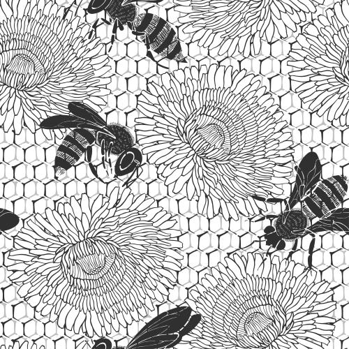Löwenzahn. Vektor Monochrom Bienen, Waben, Löwenzahn auf weissem