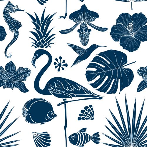 Strand. Vektor Flamingo, Kolibri, Seepferdchen, Fische, Muscheln, Orchideen, Hibiskus, Palmenblätter, blaue Silhouetten auf weiß