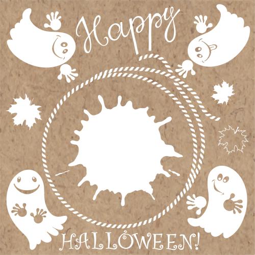 Klecks. Vektor runde Rahmen aus Seil, hübsche Geister, Ahornblätter, Kleck, Schriftzug Happy Halloween auf Kraft