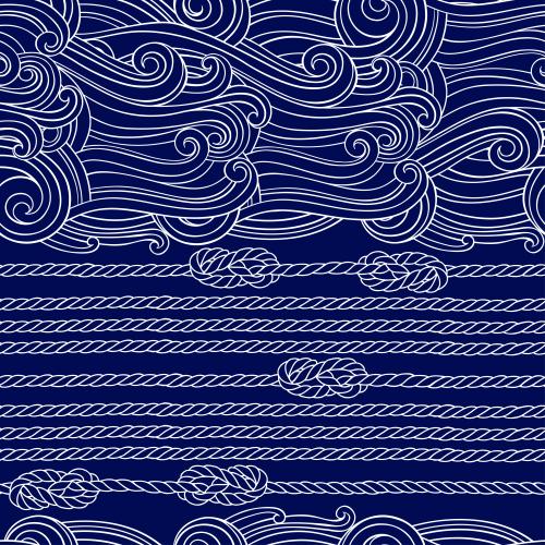 Vektorgrafik dekorierte wellen, marinen seile, seile mit marinen knoten auf blauem