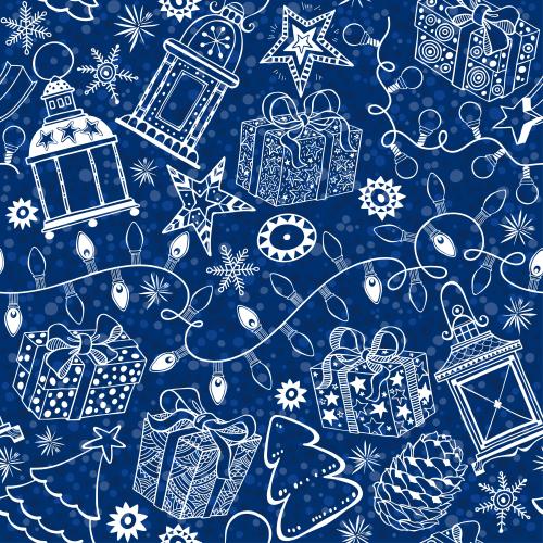 Zapfen. Vektor Geschenke, Lichterkette, Laternen, Schneeflocken, Tannenzapfen, Sternchen, Tannenbäume auf blauem Karomuster