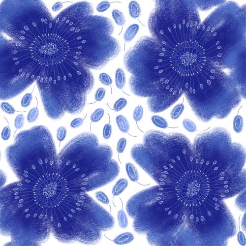 Rasterbild blaue blumen, dekorative blätter auf weißem