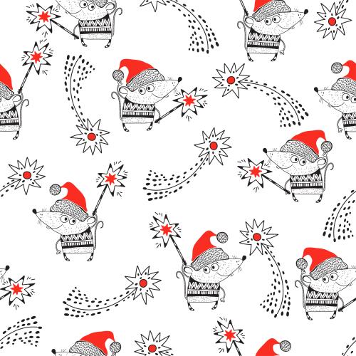 Maus. Vektor cartoonartige Mäuse in Weihnachtsmützen und Sterne auf weißem