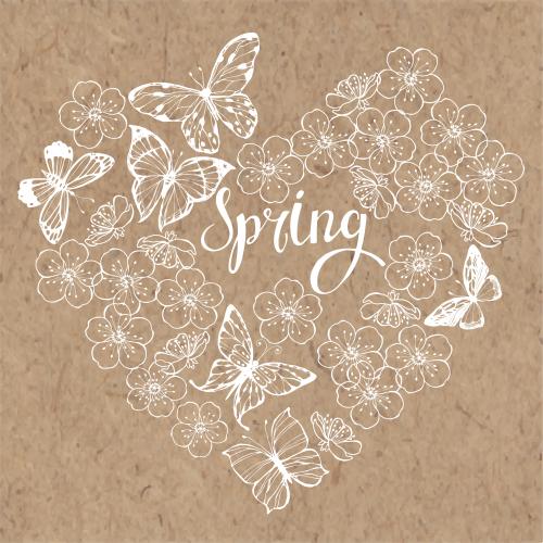 Vektorgrafik komposition in form eines herzens mit schmetterlingen, blumen und der aufschrift spring auf kraft