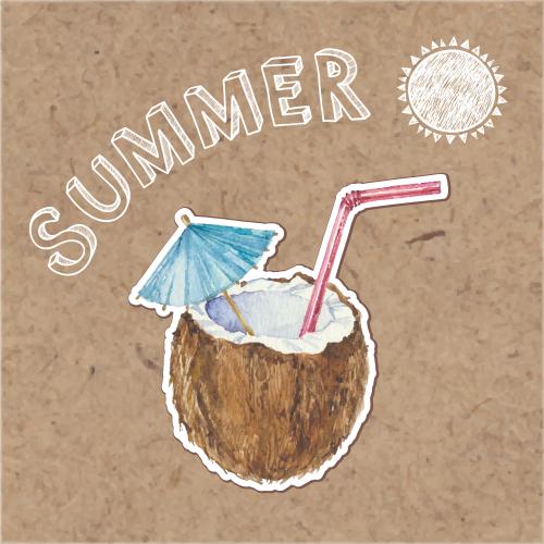 Reise. Vektor Kokos-Cocktail, Sonne und Schriftzug Summer auf Kraft