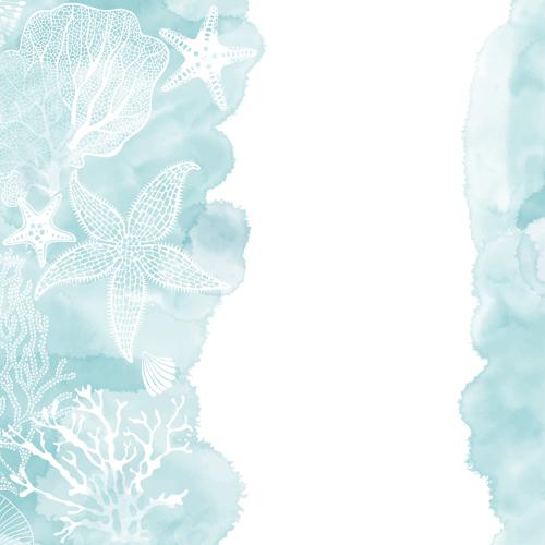 Vektorgrafik meersterne, korallen, muschel auf blauen aquarell-fragmenten, textfeld auf weißem