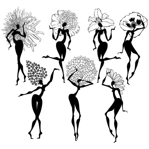 Pfingstrose. Vektor tanze Frauenblumen, schwarze Silhouetten auf weißem