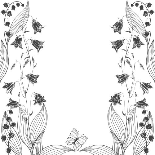 Glockenblume. Vektor Klingelblumen, Lilien, Schmetterling, Platz für Text auf weißem