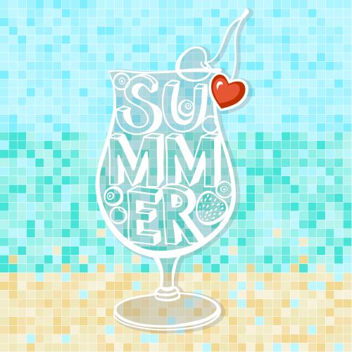 Strand. Vektor Cocktail mit Herzen mit der Aufschrift Summer in Mosaik in Blumen des Meeres und des Strandes