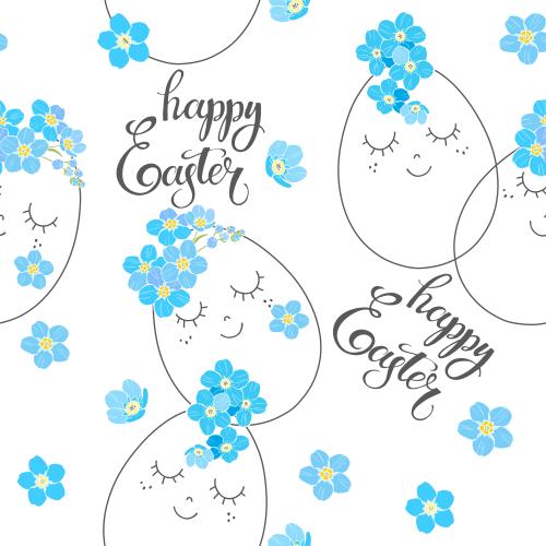 Vergissmeinnicht. Vektor Malti-Ostereier mit Vergissmeinnichten, Inschriften 'Happy Easter' auf weißem