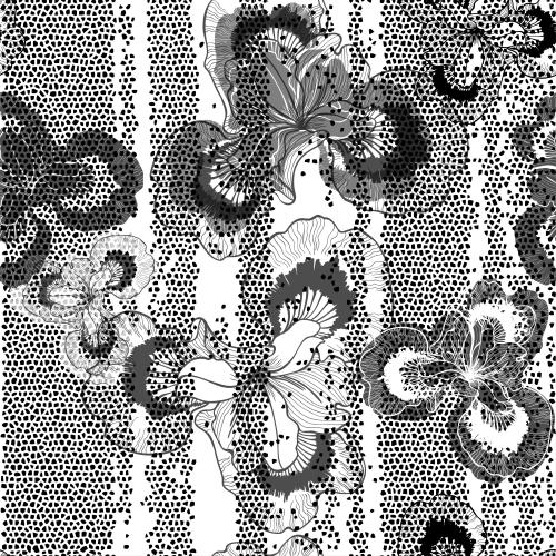 Vektorgrafik irisblumen auf schwarz-weißem mosaik