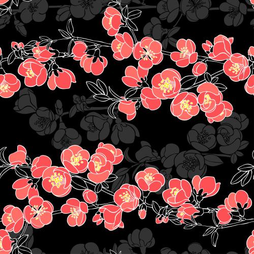 Japanische quitte. Vektor japanische Quince, Zweige mit Blumen auf schwarzem