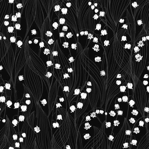 Maiglöckchen. Vektor Lilien, weiße Blumensilhouetten, konturierte Blätter auf schwarzem