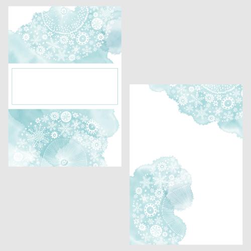 Postkarte. Vektor zwei Postkarten zum Thema Neujahrsholidays, mit blauen Aquarellfragmenten, Schneeflocken und Platz fuer Text