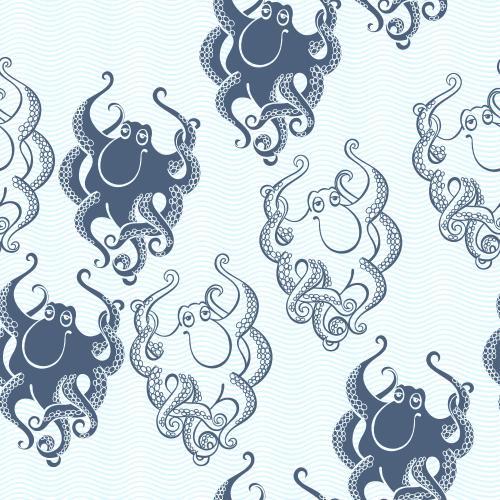 Meer. Vektor cartoonartige tintenfische, konturen und silhouetten auf blauen wellen