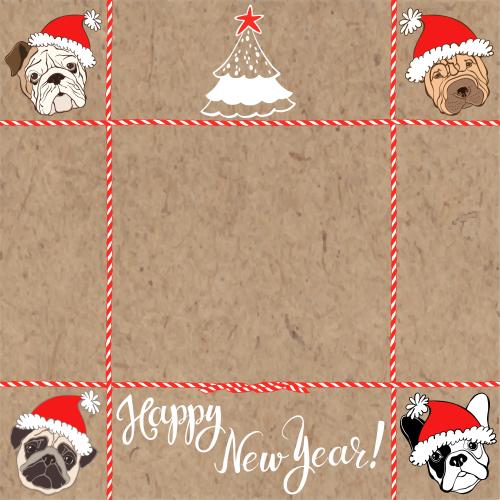 Shar pei. Vektor quadratischer Rahmen mit niedlichen Hundegesichtern in Weihnachtsmützen auf Kraft