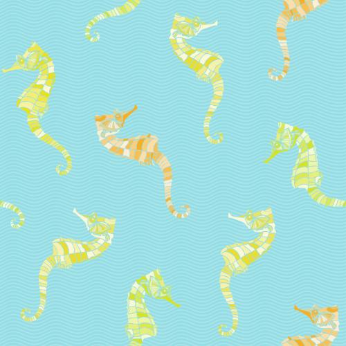 Seepferdchen. Vektor gelbe und orangene Meerespferdeschwänze auf blauen Wellen