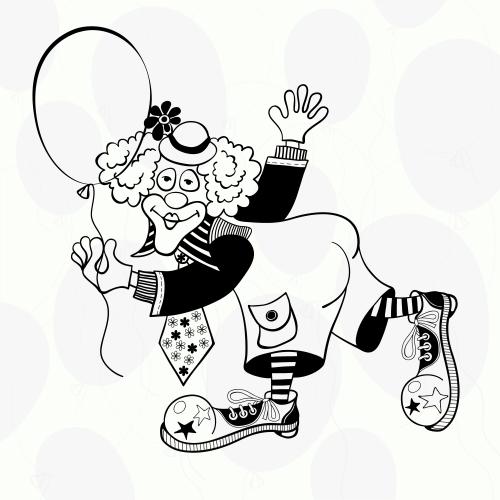 Vektorgrafik schwarz-weißer clown mit ballon auf hell