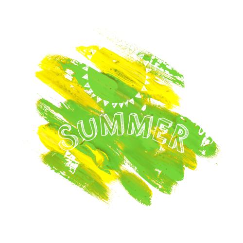 Vektorgrafik gelb-grüner lebendiger fleck, sonne, schriftzug sommer auf weißem