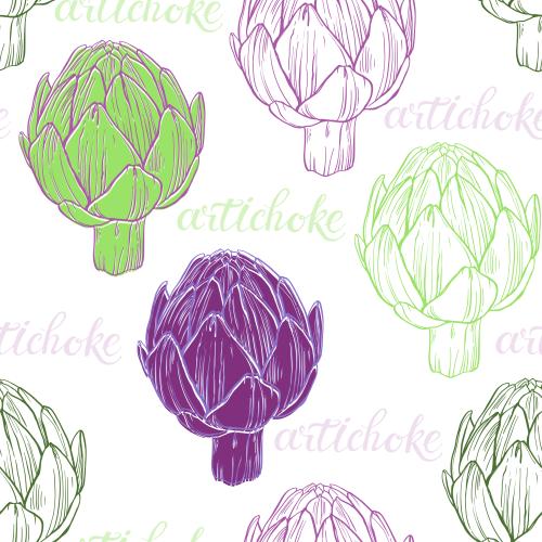Gemüse. Vektor farbenfrohe Artischocken, Aufschriften Artichoke auf weissem