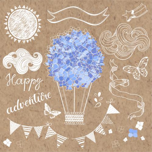 Luftballon. Vektor Blumenluftballon, Hydrangea, Sonne, Girlande, Wolken, Schmetterlinge, Schriftzug Happy Adventure und andere Elemente auf Kraft