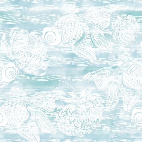 Chrysantheme. Vektor goldene Fische, Wellen und Chrysanthemen, weiße Silhouetten auf blauem Aquarell