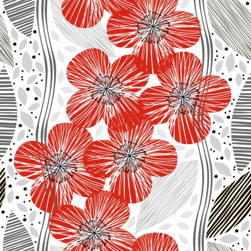 Mohn. Vektor rote Mohnblumen, dekorative gestreifte Blätter, vertikale wellige Linien auf weißem