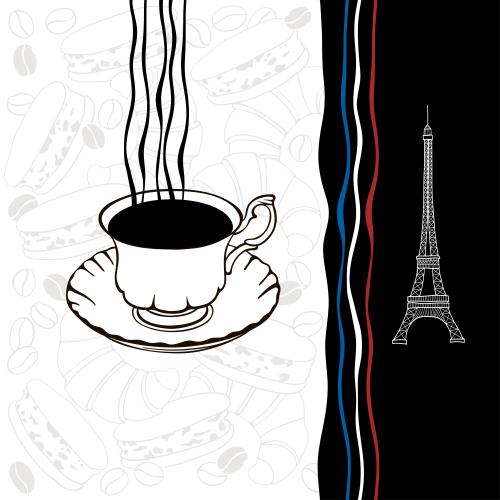 Macaron. Vektor kaffee in der Tasse, Croissants, Macarons, Eiffelturm und wellige Streifen in den Farben der französischen Flagge