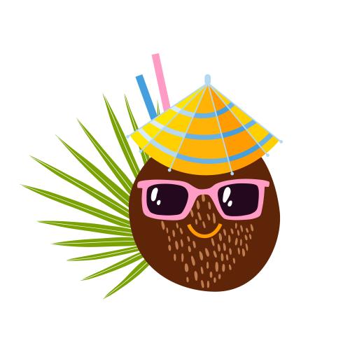 Strand. Vektor cartoonartiger Kokos-Cocktail in Sonnenbrillen auf weißem