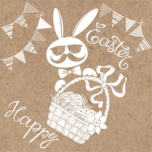 Hase. Vektor Arrangement zum Thema Ostern mit cartoonartigem Kaninchen, Korb mit Ostereiern und Aufschrift Happy Easter auf Kraft