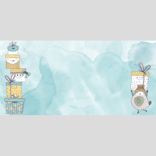 Vektorgrafik karte mit cartoonartigen voegeln und geschenken platz fuer text auf blauem aquarell