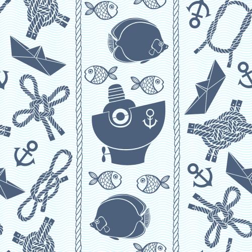 Seil. Vektor blau Silhouetten, tropische Fische, maritime Knoten, Anker, Papierboote und Boote auf blauen Wellen