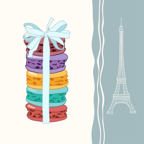 Macaron. Vektor farbenfrohe Macarons mit Band und Eiffelturm