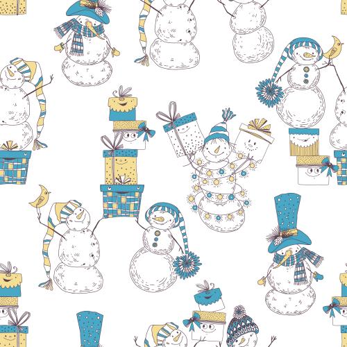 Schneemann. Vektor cartoonartige Schneemänner mit niedlichen Geschenkboxen auf weißem