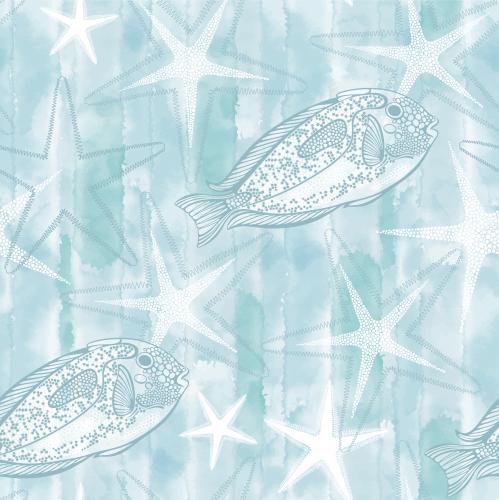Vektor dekorative tropische Fische und Seesterne auf blauem Aquarell