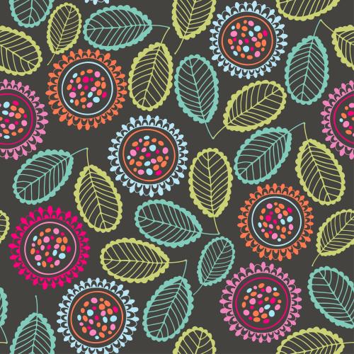 Vektorgrafik helle bunte doodle-blumen und blätter auf dunkelgrauem