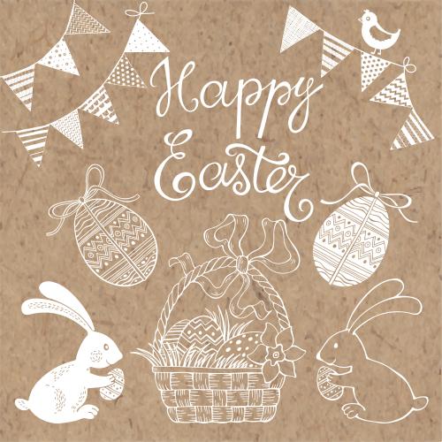 Schleife. Vektor Sammlung Osterbilder und Schriftzug Happy Easter auf Kraft