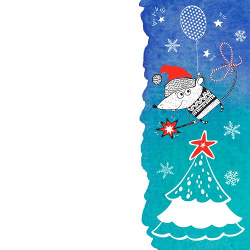 Luftballon. Vektor Cartoonmaus mit Luftballon in Weihnachtsmütze, Weihnachtsbaum, Schneeflocken auf einem blauen Aquarellfragment, Platz für Text auf weißem