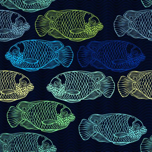 Vektorgrafik blaue kaiserfische, wellen, bunte konturen auf schwarz
