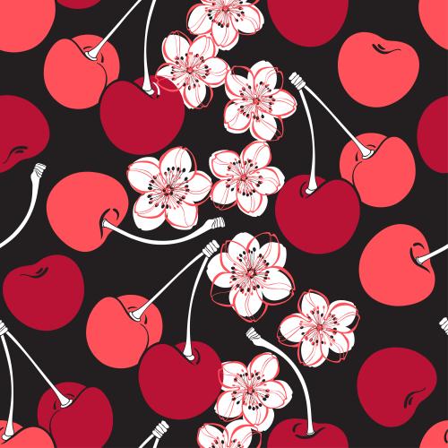Kirsche. Vektor kirsche Beeren und Blumen auf schwarzem