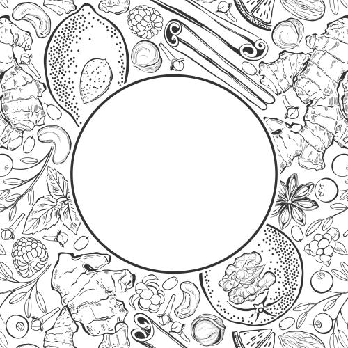 Vektorgrafik zitrone, orange, ingwer, zimt, kranichbeere, brombeere, himbeere, mandel, walnuss, haselnuss, cashewnuss, kreisförmiger textbereich auf weiß