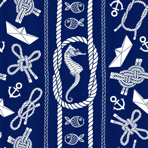 Wellige. Vektor meerknoten und Seile, Fische, Papierboote, Anker, Seepferdchen, Wellen auf Blau