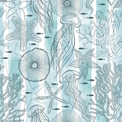 Qualle. Vektor Medusen, Fische, Meersterne, Unterwasserwesen, Korallen auf dem gestreiften blauen Aquarell