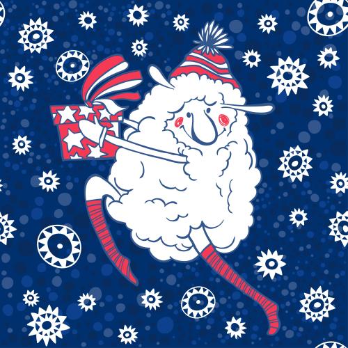 Liebe. Vektor lieb cartoonartiges Schaf mit Geschenk, Sternen, Schneeflocken auf blauem