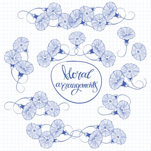 Heft. Vektor dekorative Kompositionen mit Wickenblumen blaue Konturen auf kariertem Notizblock