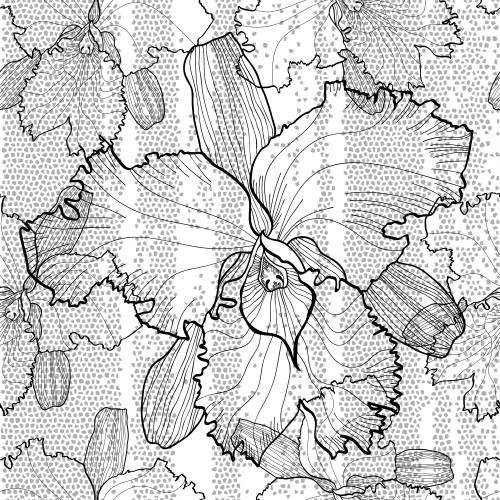 Mosaik. Vektor schwarze Konturen von Orchideen auf einer monochromen Mosaik
