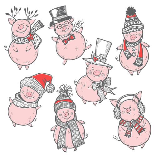 Vektorgrafik cartoon-schweine in winter-weihnachts-hüten auf weißem