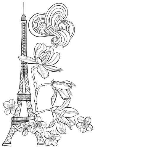 Eiffelturm. Vektor Eiffelturm, Magnolie, Sakura-Blüten, Platz für Text auf weißem