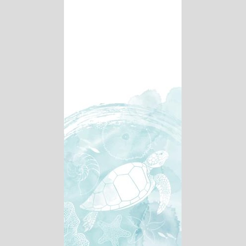 Nautilus. Vektor meeresthemenkarte mit schildkroete, nautilus, fischen, seesternen, koralle, blauer aquarellfragment und platz fuer text auf weissem