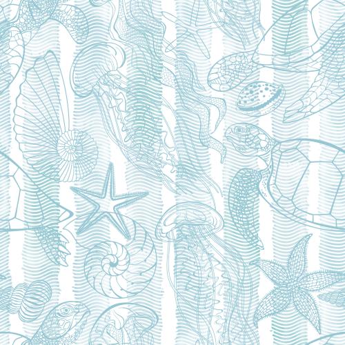 Meer. Vektor schildkroeten-quallen-meersterne-muscheln-auf-aquarellwellen